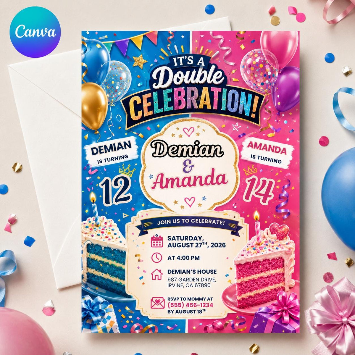 Colorful Sibling Birthday Invitation for Girls — editable Canva template