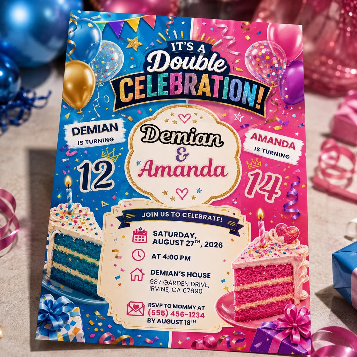 Colorful Sibling Birthday Invitation for Girls — invitation you personalize in Canva
