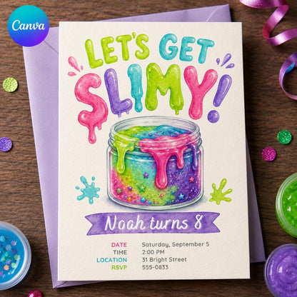 Colorful Slime Birthday Invitation — editable Canva template