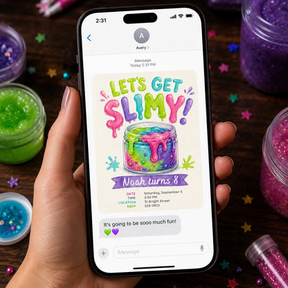Colorful Slime Birthday Invitation — invitation you personalize in Canva