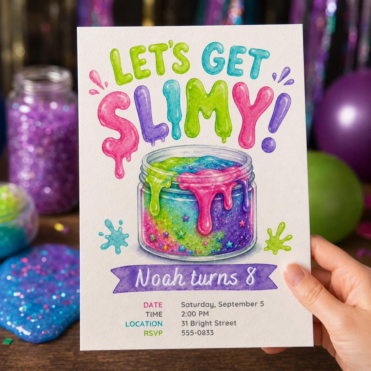 Colorful Slime Birthday Invitation — print-ready birthday party design from VoltBy