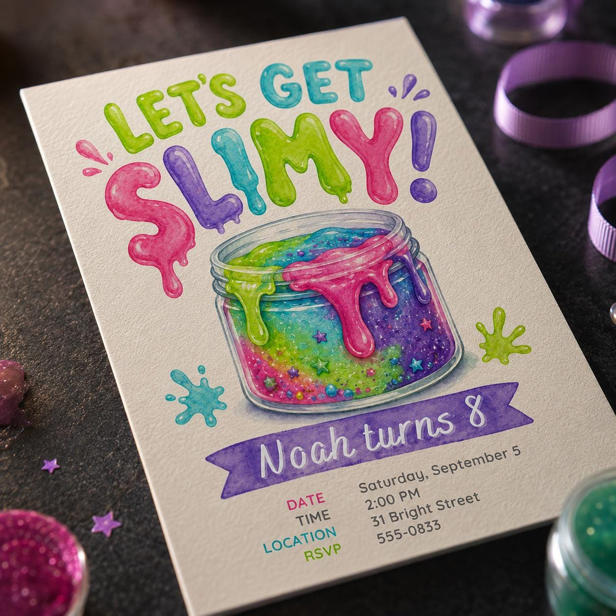 Colorful Slime Birthday Invitation — birthday party stationery by VoltBy