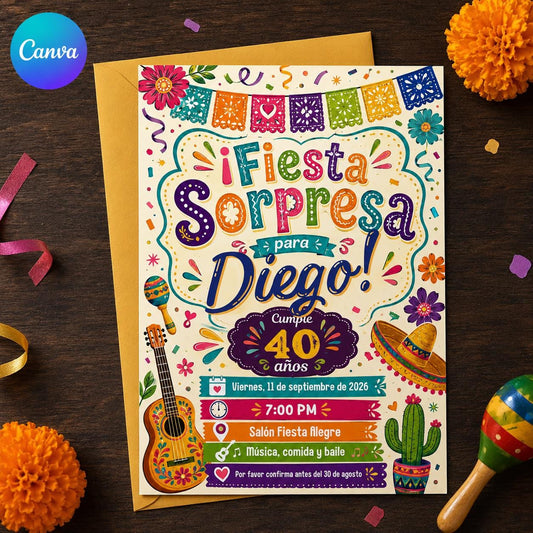 Colorful Spanish 40th Birthday Invitation — editable Canva template