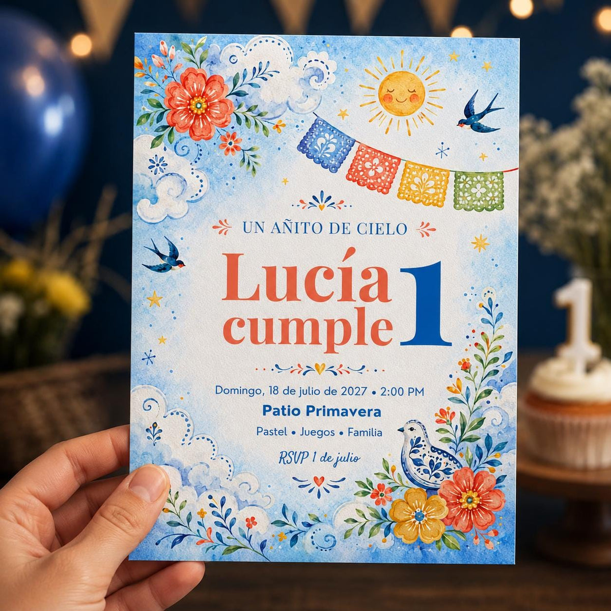 Colorful Spanish First Birthday Invitation — invitation you personalize in Canva