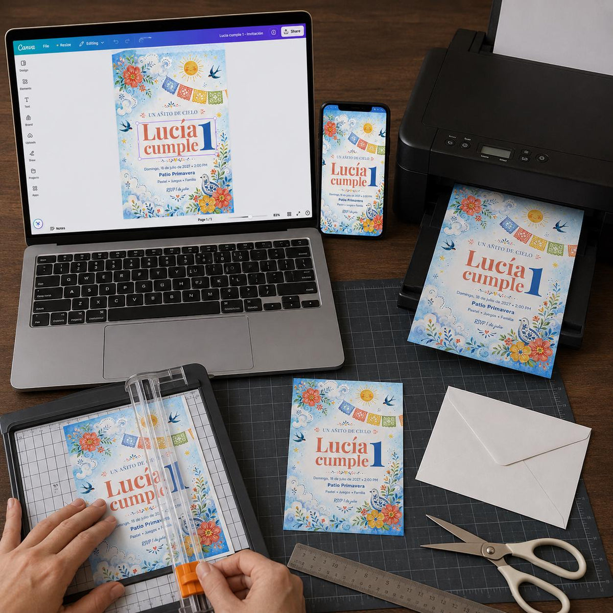 Colorful Spanish First Birthday Invitation — print-ready first birthday design from VoltBy