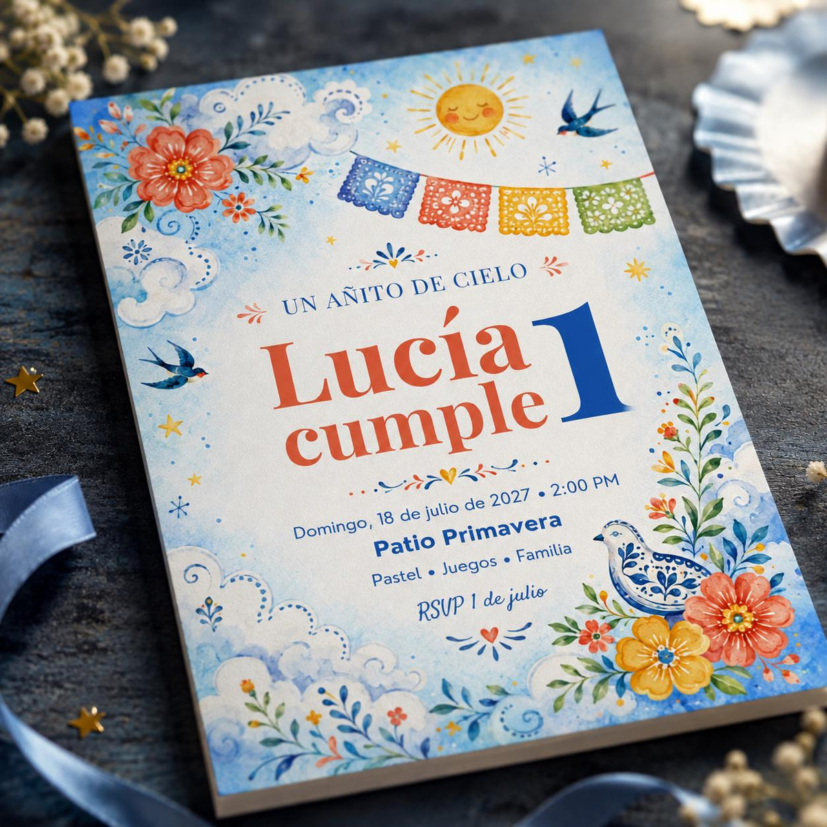 Colorful Spanish First Birthday Invitation — digital invitation, instant download