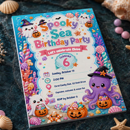 Colorful Spooky Sea 6th Birthday Invitation — invitation you personalize in Canva