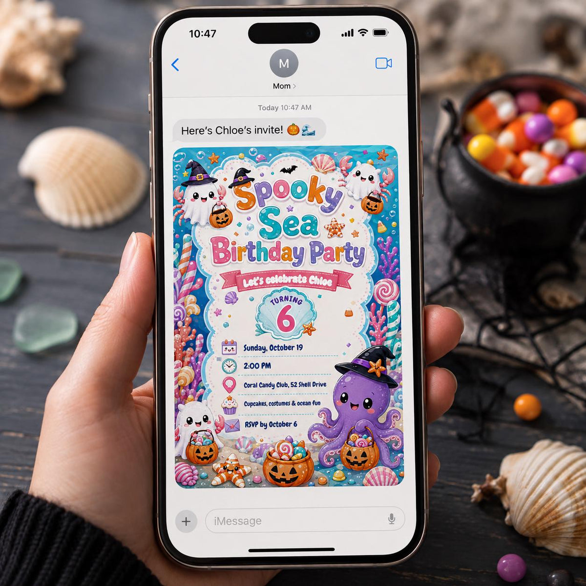 Colorful Spooky Sea 6th Birthday Invitation — print-ready 6th birthday party design from VoltBy