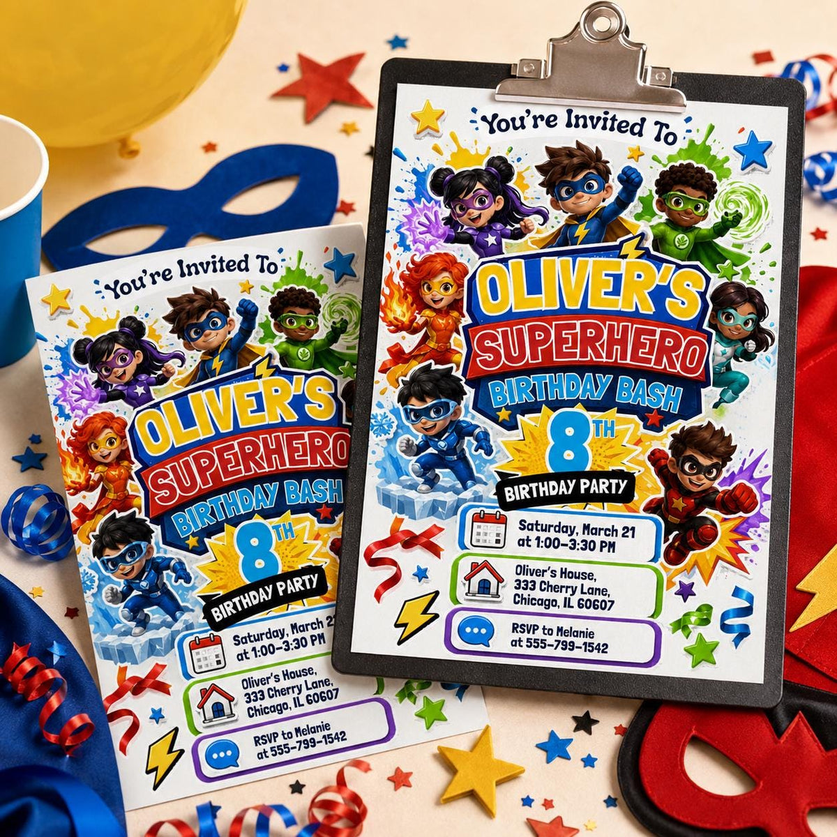Colorful Superhero Team 8th Birthday Invitation in blue and red