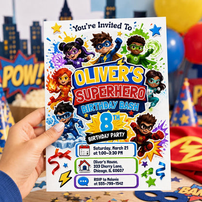 Colorful Superhero Team 8th Birthday Invitation — invitation you personalize in Canva