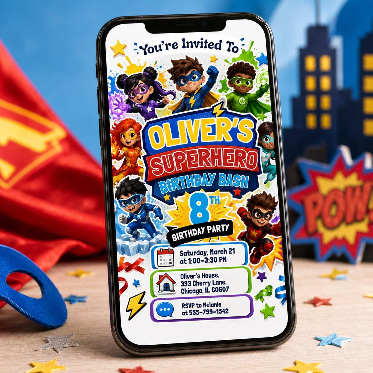 Colorful Superhero Team 8th Birthday Invitation — comic book 8th birthday party design