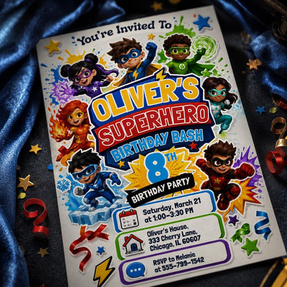 Colorful Superhero Team 8th Birthday Invitation — print-ready 8th birthday party design from VoltBy