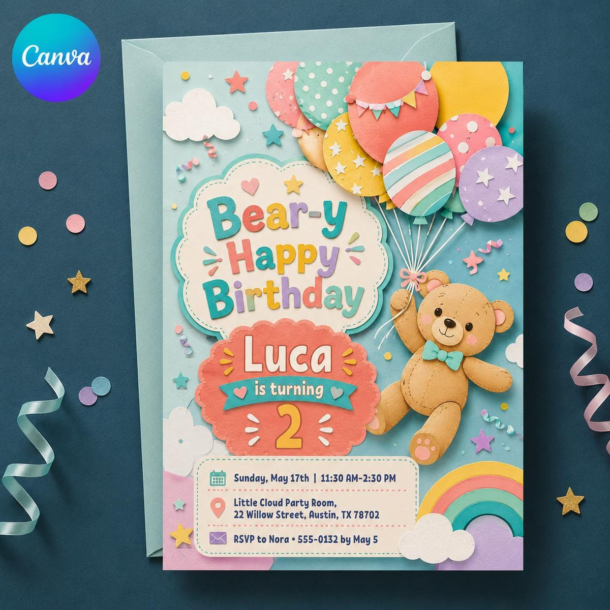 Colorful Teddy Bear 2nd Birthday Invitation — editable Canva template