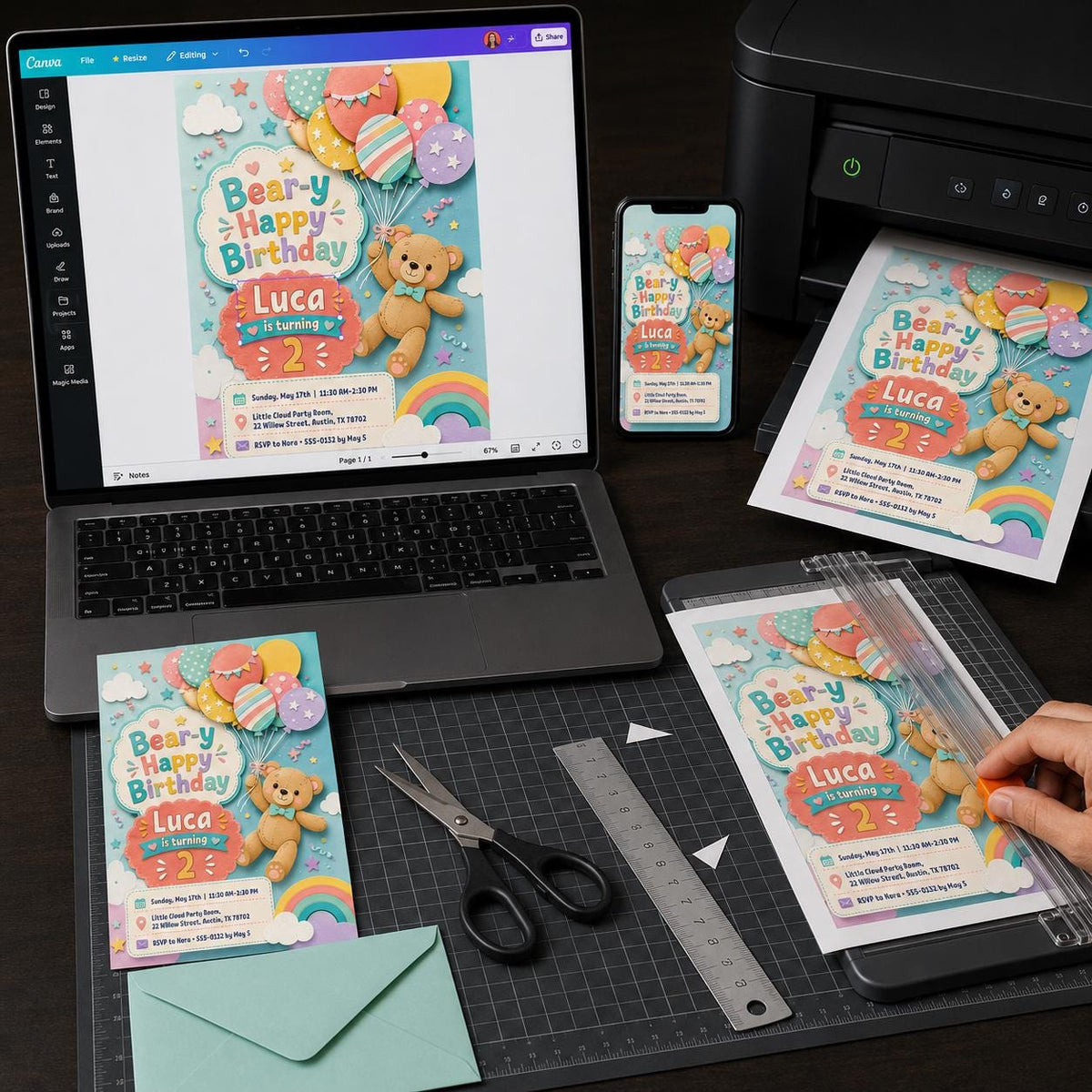 Colorful Teddy Bear 2nd Birthday Invitation — balloon design