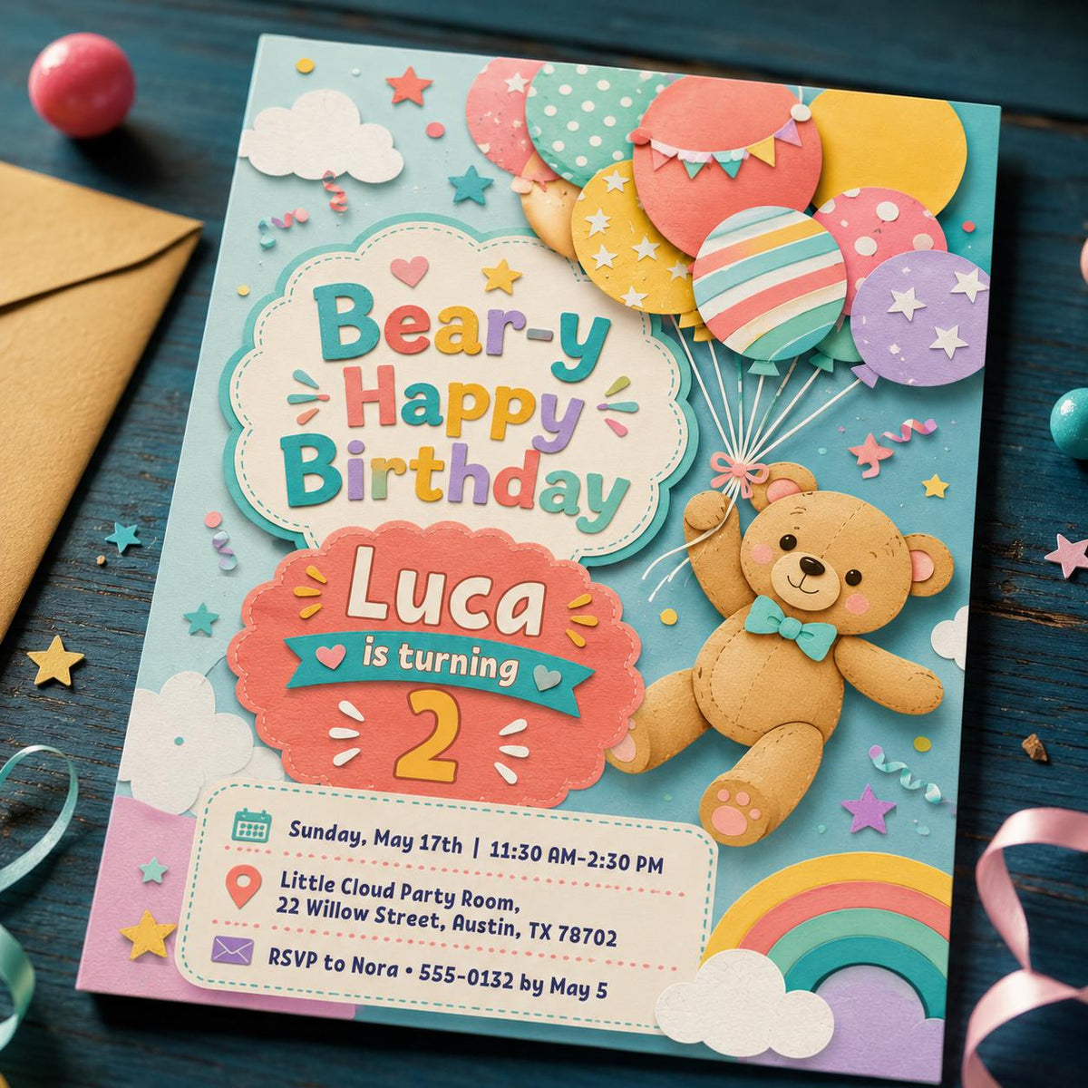Colorful Teddy Bear 2nd Birthday Invitation — invitation you personalize in Canva