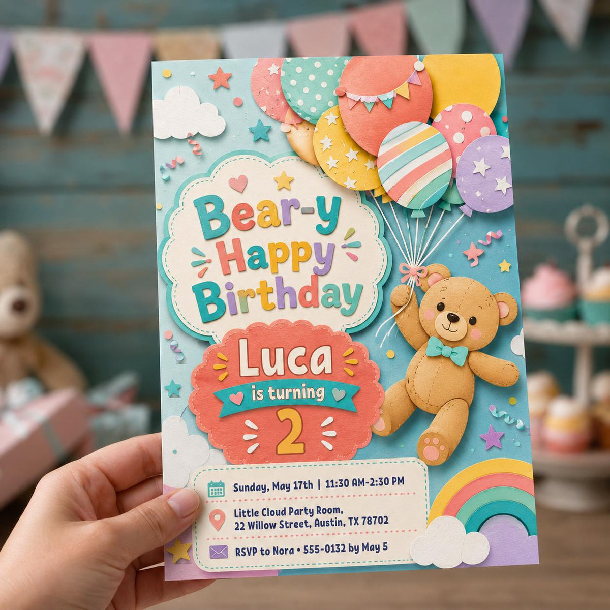 Colorful Teddy Bear 2nd Birthday Invitation — digital invitation, instant download