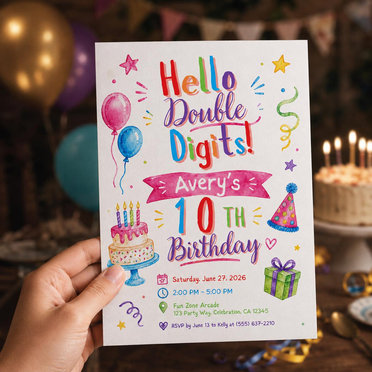 Colorful Watercolor 10th Birthday Invitation: Double Digits Party — print-ready 10th birthday party design from VoltBy