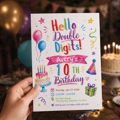 Colorful Watercolor 10th Birthday Invitation: Double Digits Party — print-ready 10th birthday party design from VoltBy