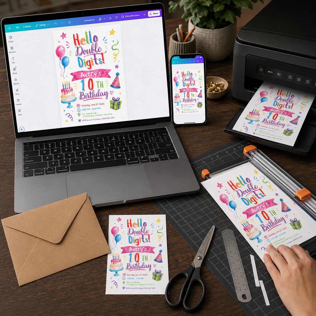 Colorful Watercolor 10th Birthday Invitation: Double Digits Party — digital invitation, instant download