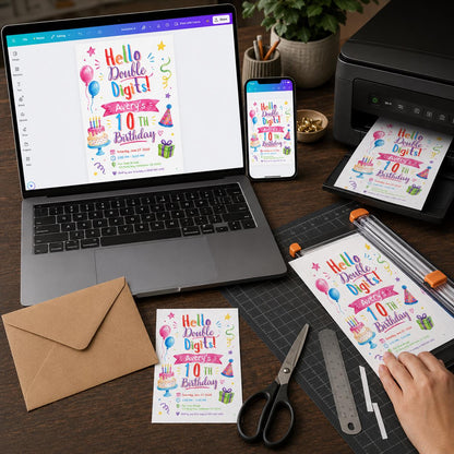 Colorful Watercolor 10th Birthday Invitation: Double Digits Party — digital invitation, instant download