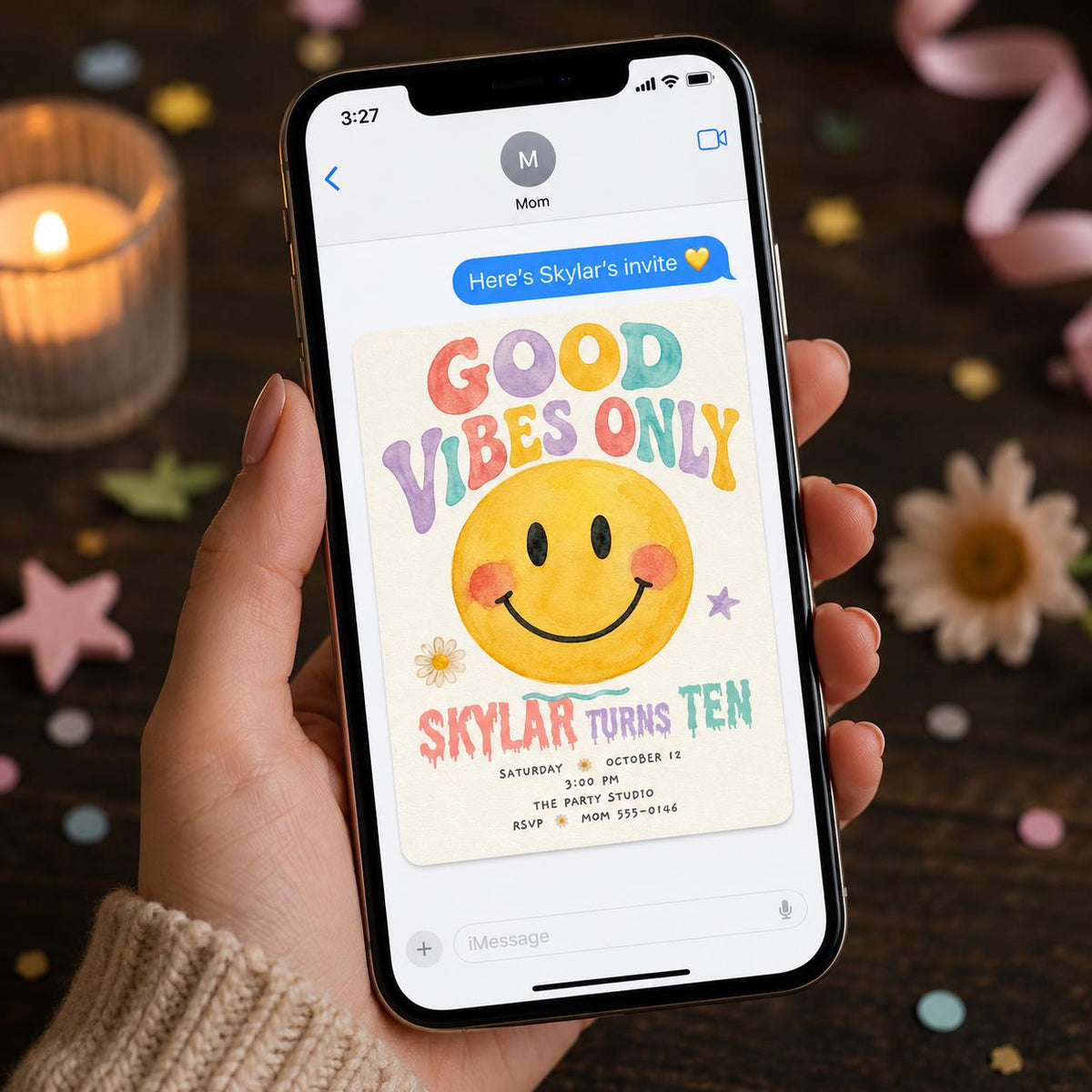 Colorful Watercolor 10th Birthday Invitation: Good Vibes Smiley Face Party — invitation you personalize in Canva