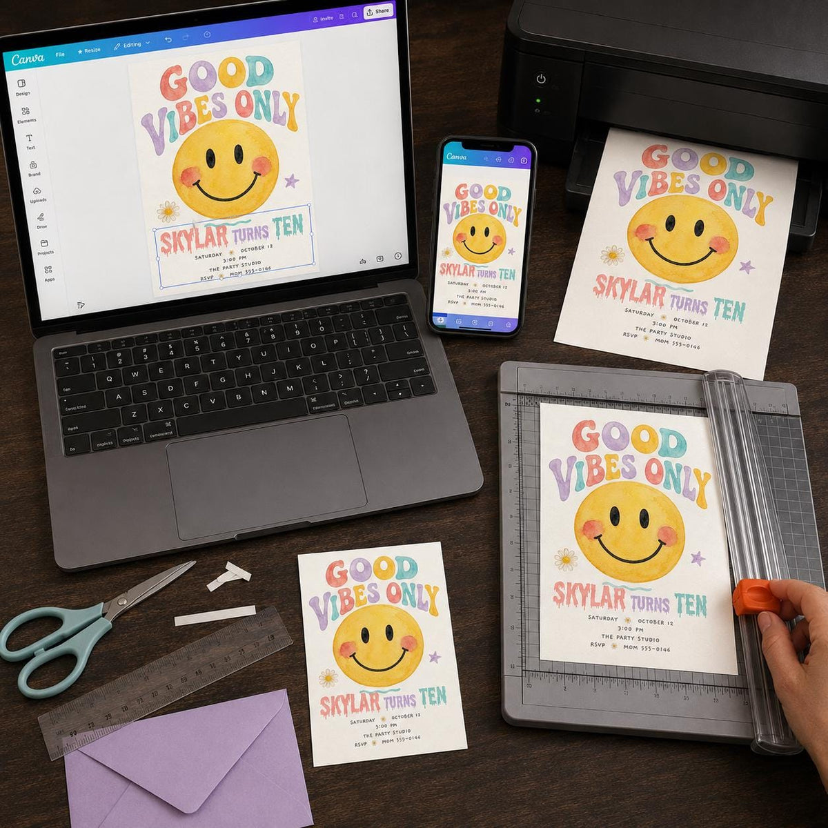 Colorful Watercolor 10th Birthday Invitation: Good Vibes Smiley Face Party — print-ready 10th birthday party design