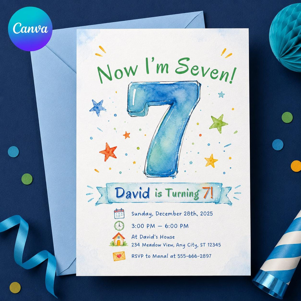 Colorful Watercolor 7th Birthday Invitation — editable Canva template