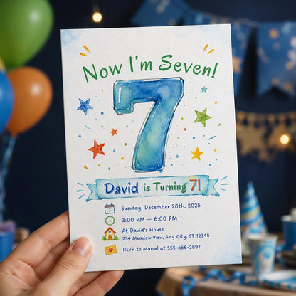 Colorful Watercolor 7th Birthday Invitation — digital invitation, instant download