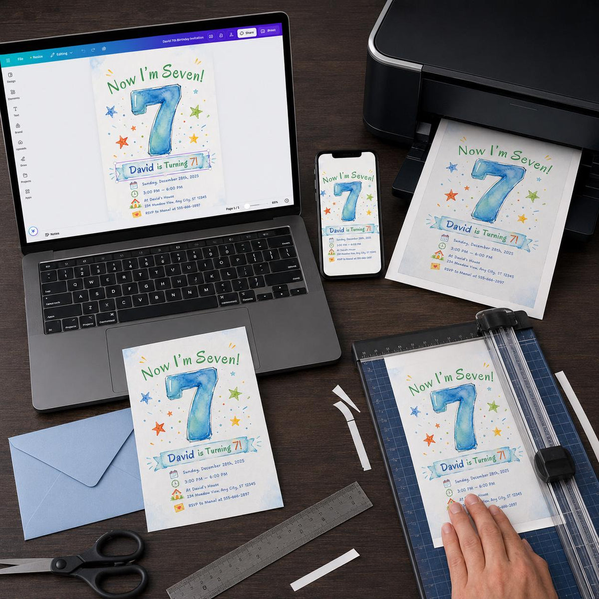 Colorful Watercolor 7th Birthday Invitation — 7th birthday party stationery by VoltBy