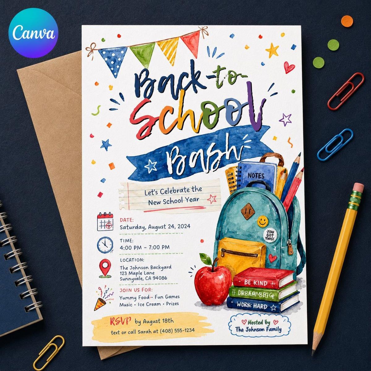 Colorful Watercolor Back to School Bash Invitation — editable Canva template
