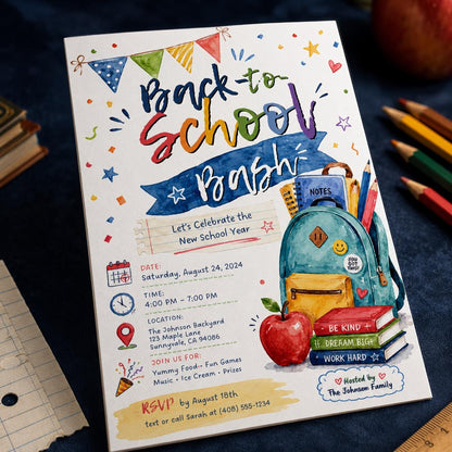 Colorful Watercolor Back to School Bash Invitation — backpack design