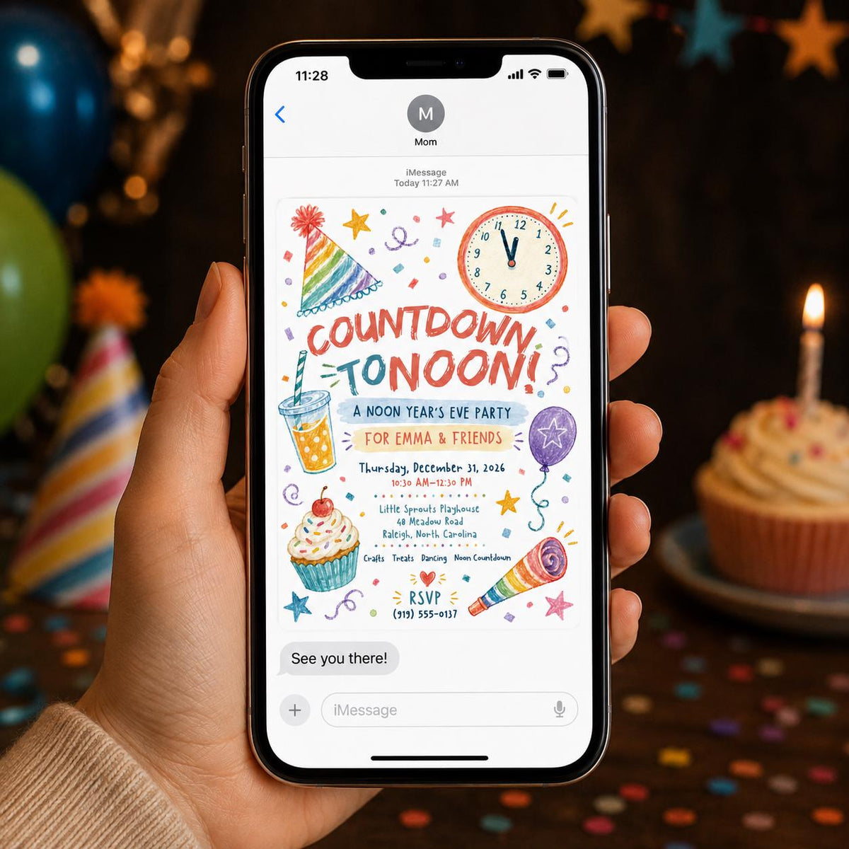 Colorful Watercolor Noon Year's Eve Invitation — invitation you personalize in Canva