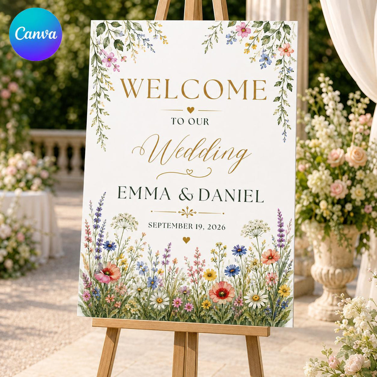Colorful Watercolor Wildflower Wedding Welcome Sign — editable Canva template