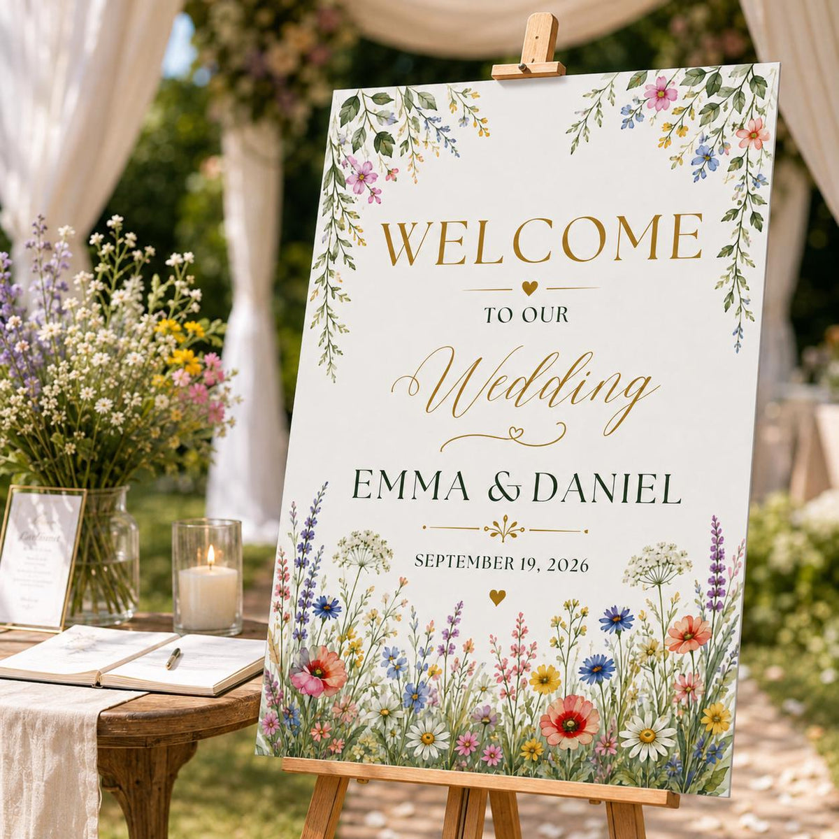 Colorful Watercolor Wildflower Wedding Welcome Sign — floral and garden design