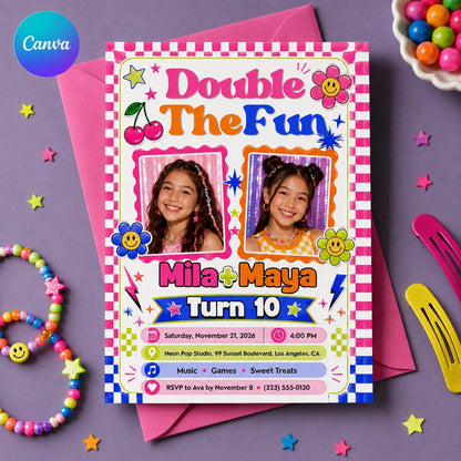 Colorful Y2K Twin Girls 10th Birthday Invitation with Photo — editable Canva template