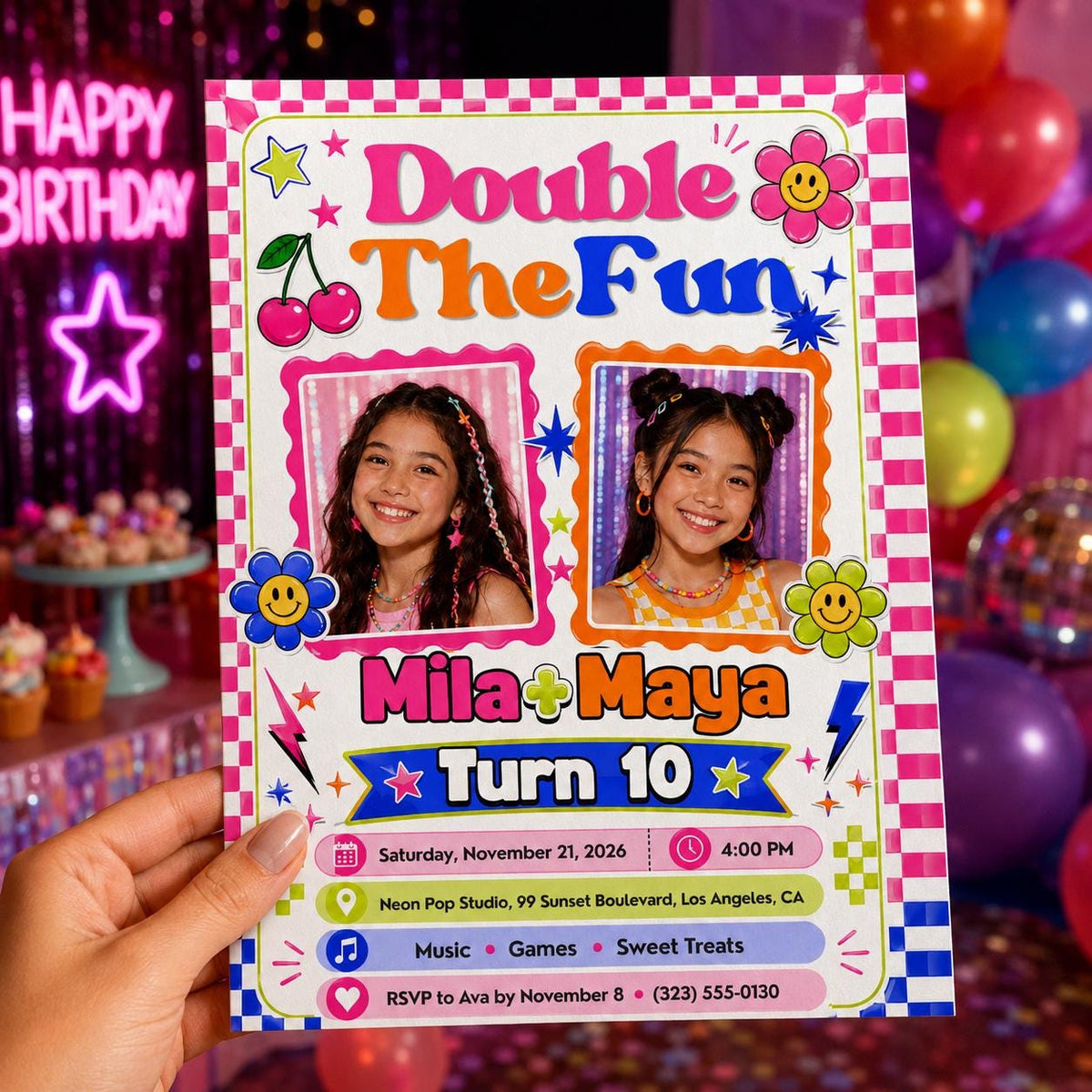 Colorful Y2K Twin Girls 10th Birthday Invitation with Photo — neon 10th birthday party design