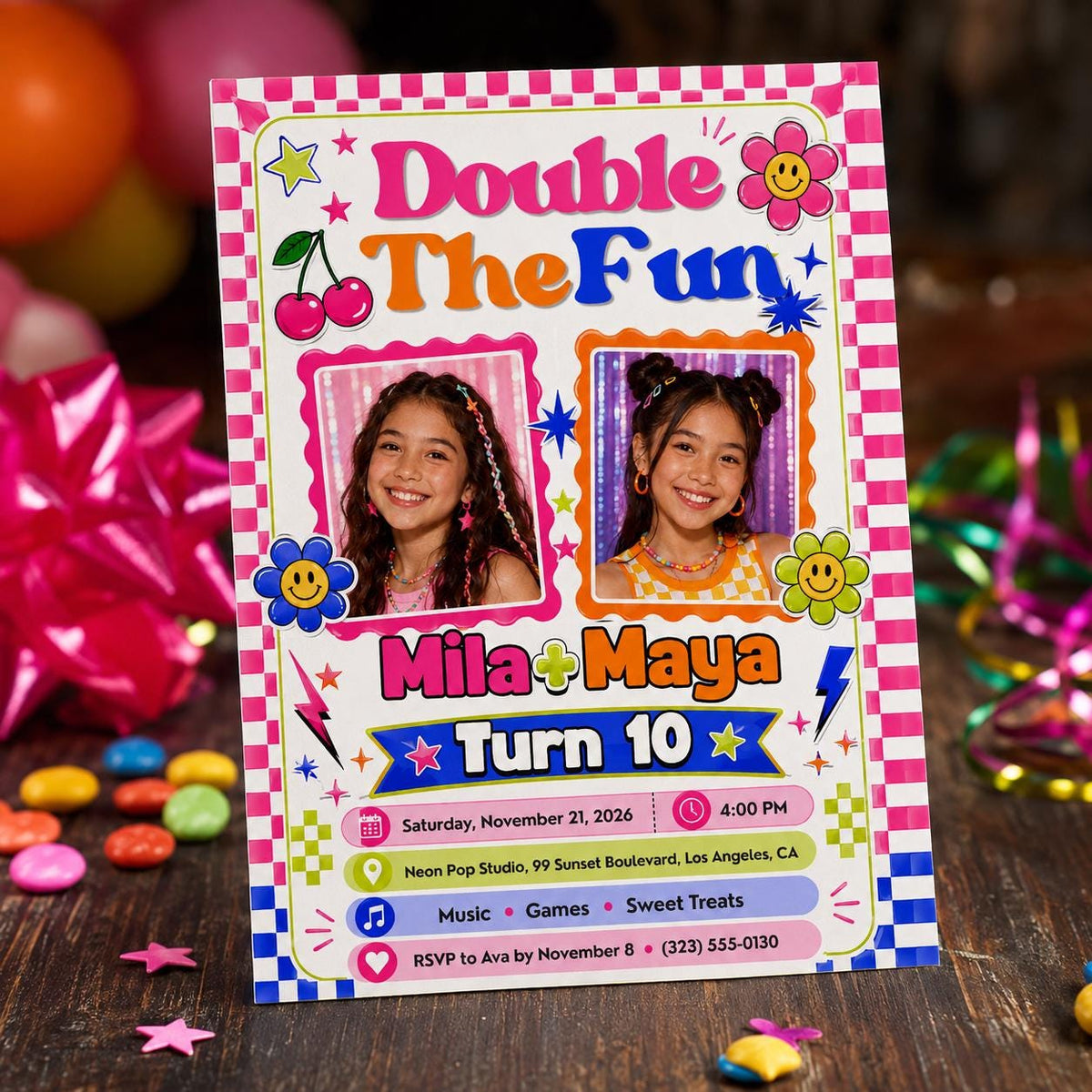 Colorful Y2K Twin Girls 10th Birthday Invitation with Photo — digital invitation, instant download