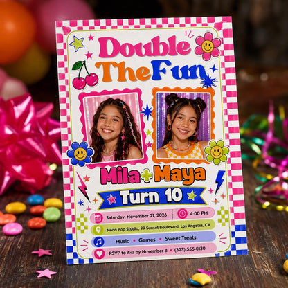 Colorful Y2K Twin Girls 10th Birthday Invitation with Photo — digital invitation, instant download