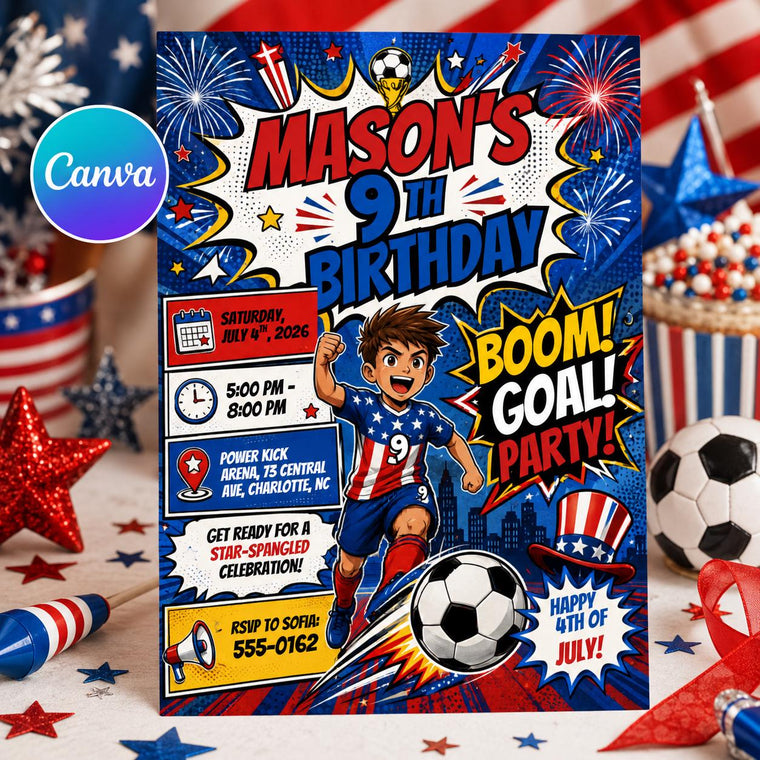 Comic Book 4th of July Soccer 9th Birthday Invitation for Boys