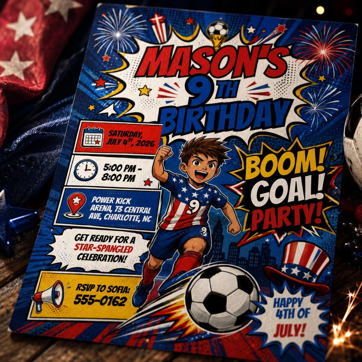 Comic Book 4th of July Soccer 9th Birthday Invitation for Boys — library design