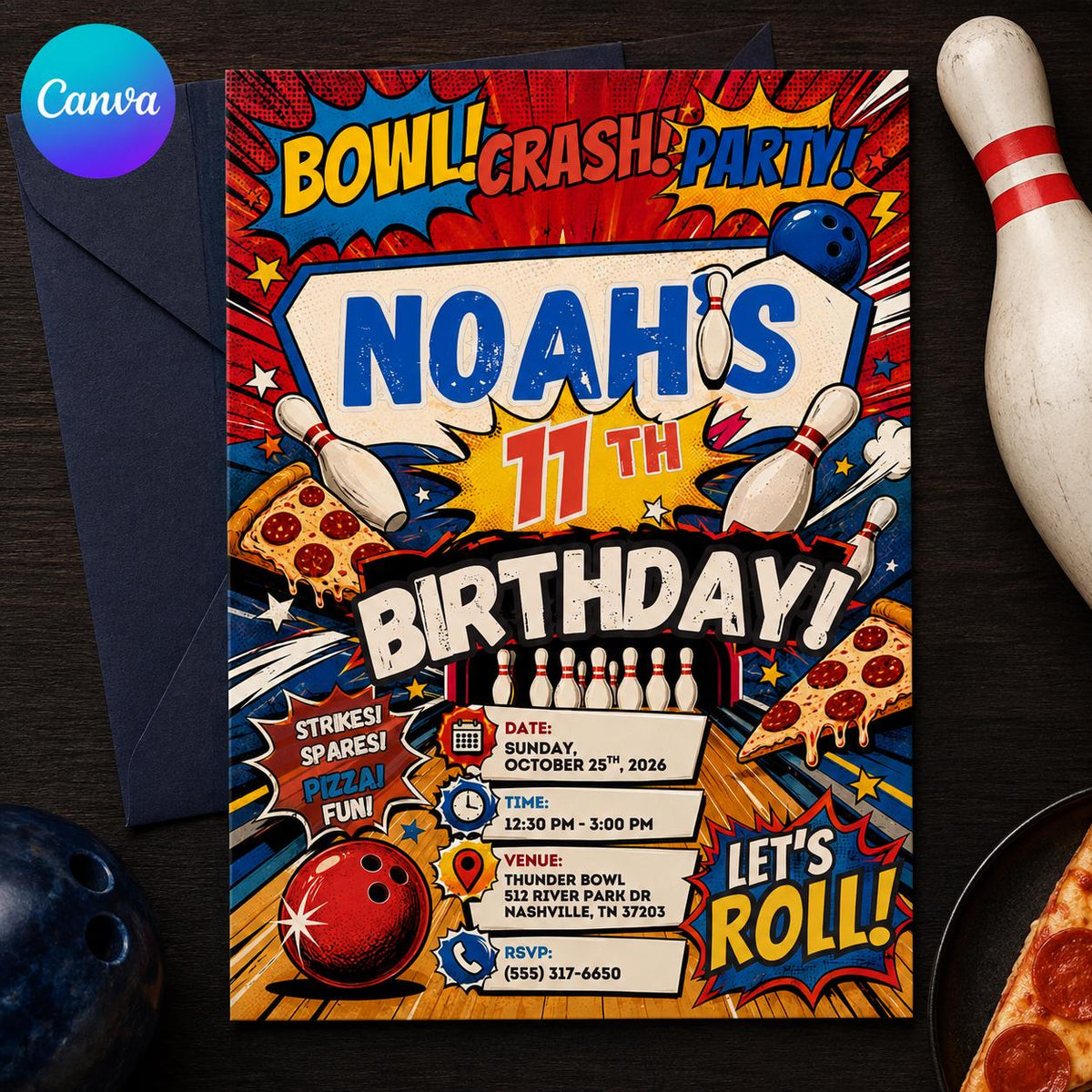 Comic Book Bowling Pizza 11th Birthday Invitation for Boys — editable Canva template