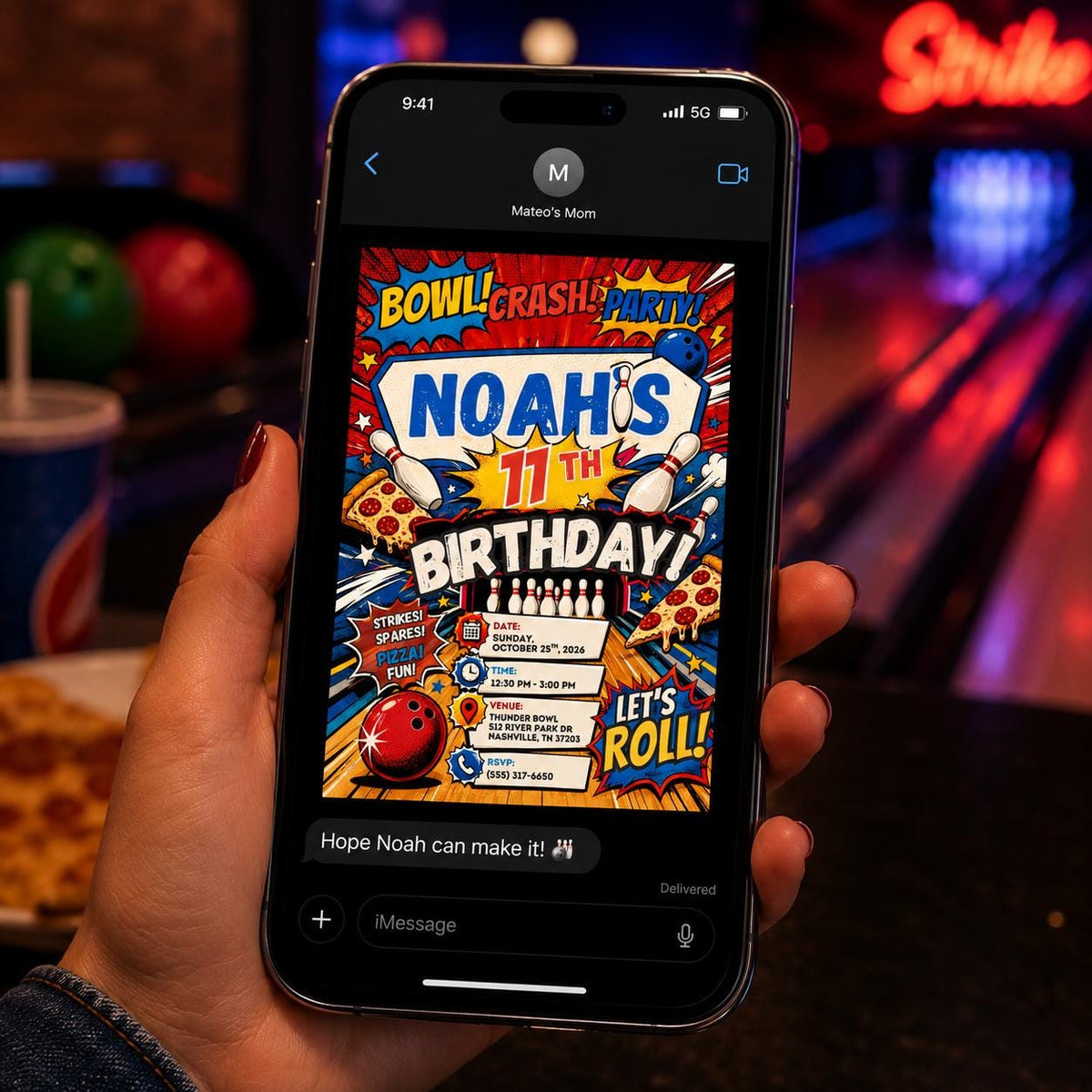 Comic Book Bowling Pizza 11th Birthday Invitation for Boys — invitation you personalize in Canva