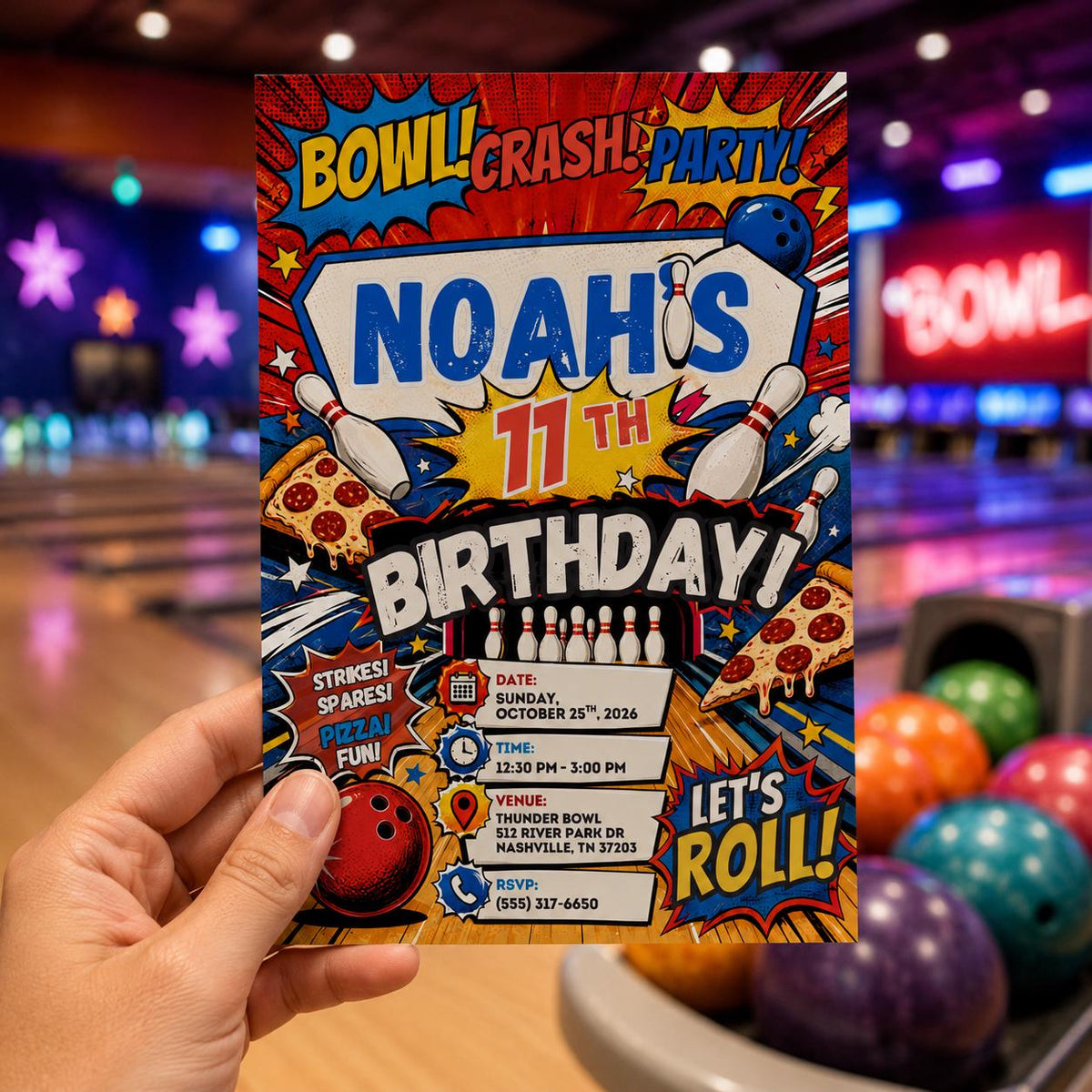 Comic Book Bowling Pizza 11th Birthday Invitation for Boys — print-ready 11th birthday party design from VoltBy