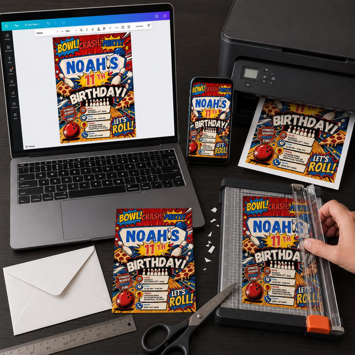 Comic Book Bowling Pizza 11th Birthday Invitation for Boys — digital invitation, instant download