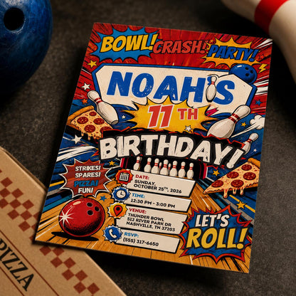 Comic Book Bowling Pizza 11th Birthday Invitation for Boys — 11th birthday party stationery by VoltBy