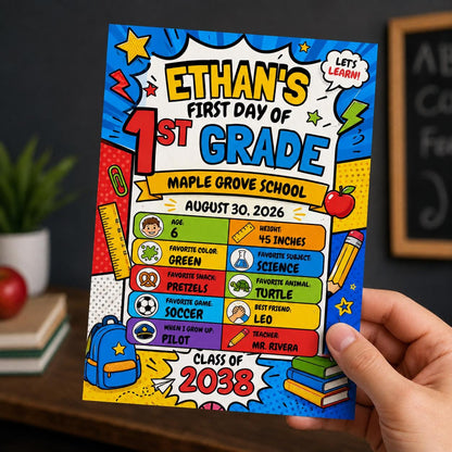 Comic Book First Day of First Grade Sign — library and school supplies design