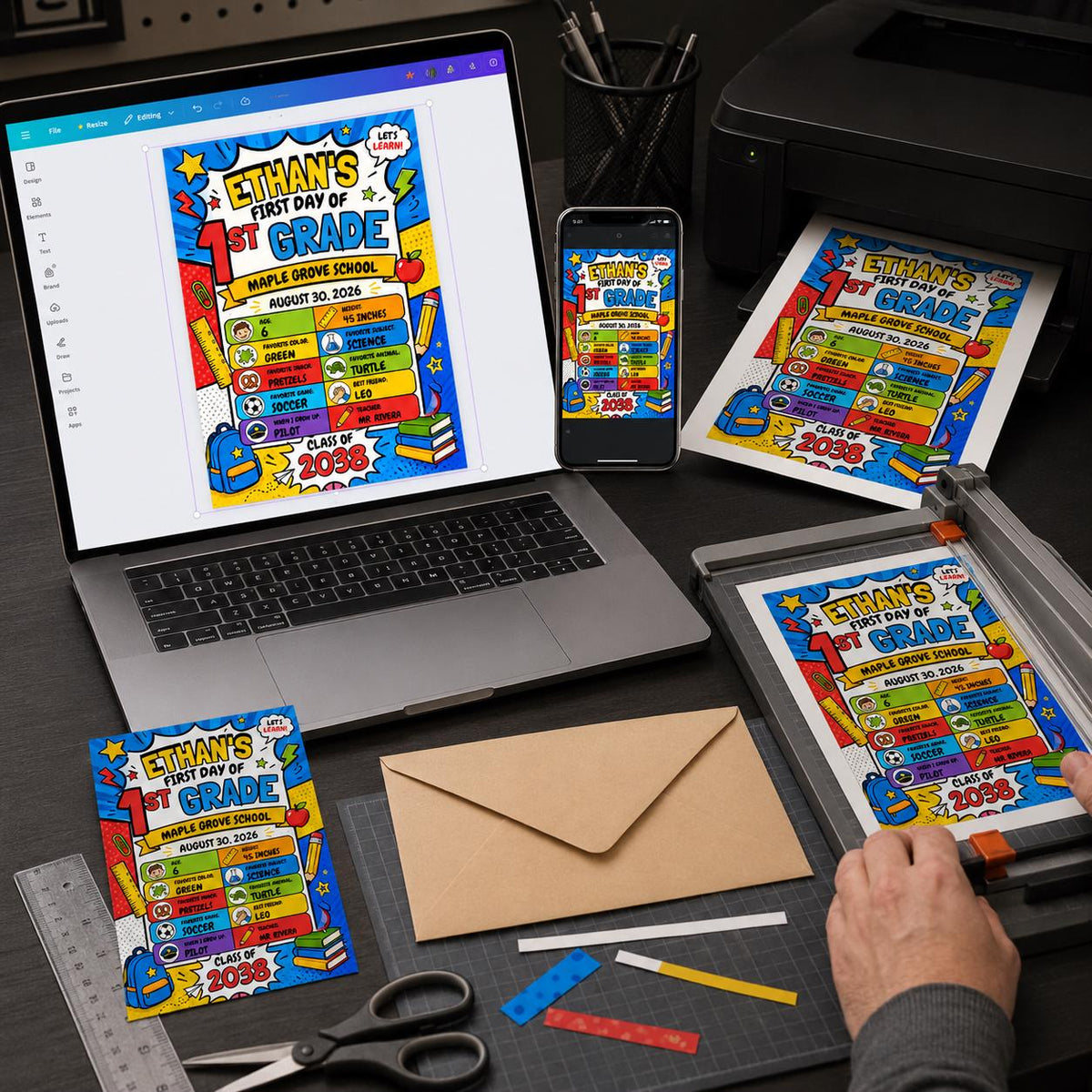 Comic Book First Day of First Grade Sign — school sign you personalize in Canva