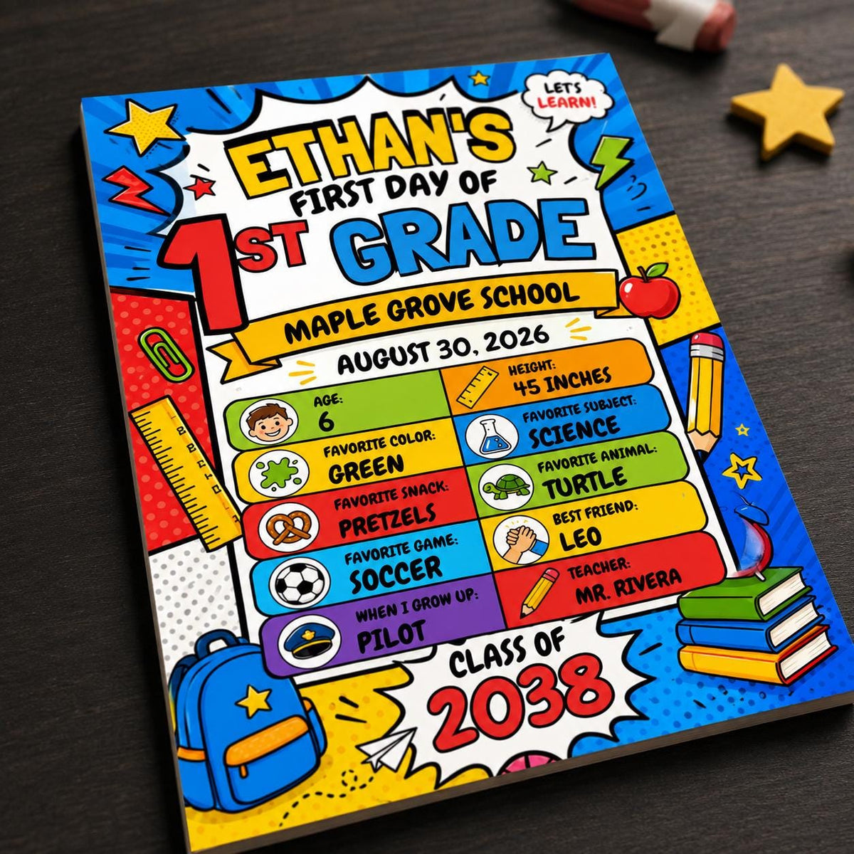 Comic Book First Day of First Grade Sign — library and school supplies artwork in blue and red