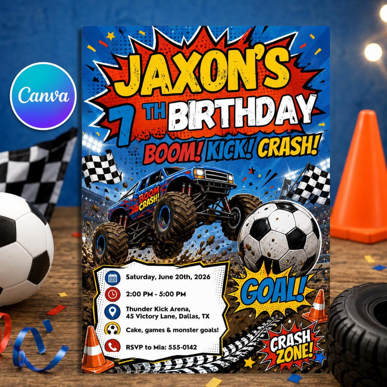 Comic Book Monster Truck Soccer 7th Birthday Invitation for Boys