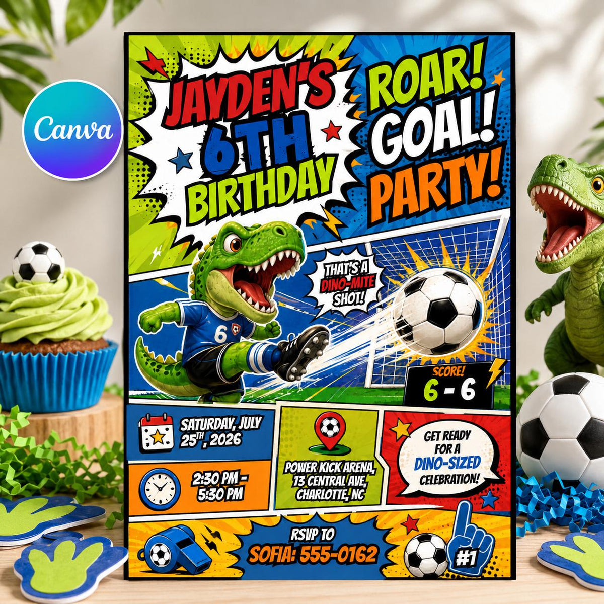 Comic Book Roar Goal Party 6th Birthday Invitation — editable Canva template